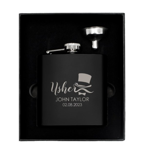 Usher's Personalised Black Hip Flask