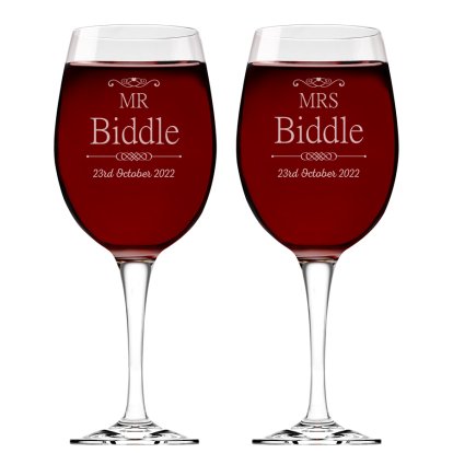 Engraved Mr and Mrs Wedding Wine Glass Set